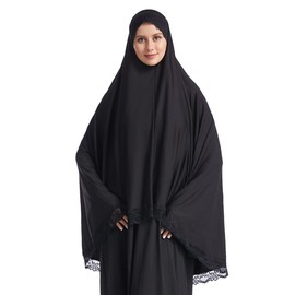 Khimar Long Hijab Scarf For Women One Piece Lace Headscarf Muslim Ready To Wear Jersey Scarves Instant Undercap Non See Through Headwear Arabia Islamic Prayer Dress Shawls Body Cover Black L
