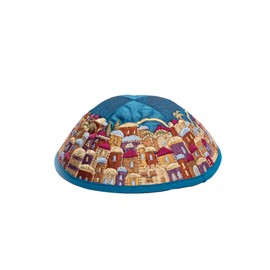 Yair Emanuel Embroidered Kippah - Jerusalem Design, Multicolor on Blue, 7.8" x 4"