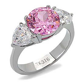 Yourjewellerybox Ladies pink ring sapphire three stone cz stainless steel anniversary 164 (n)