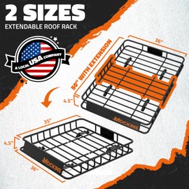 Mockins 50"x36"x4.5" Extendable Roof Rack Cargo Carrier for Top of Vehicle | 250 Lbs. Cap Weatherproof Steel Car Rooftop Cargo Carrier Basket | Heavy Duty Roof Rack Basket Set w/Straps & Bungee Net
