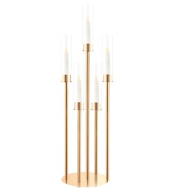 5 Arm Taper Candle Holder with Clear Acrylic Shades, Candelabra Centerpiece, Metal Candlestick Holder, Candle Stand for LED Taper Candles (1, Gold (exclude led Candles), 33.5'' x 7.87'')