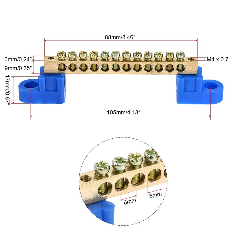 sourcing map Terminal Ground Bar Screw Block Barrier Brass 12