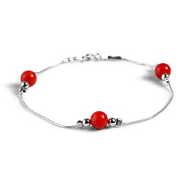 HENRYKA 925 Sterling Silver & Coral Gemstone Bracelet | Boho Style Snake Chain & Beaded Bracelet | Unique Summer Jewellery & Holiday Fashion Accessory for Teenage Girls & Women