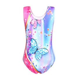 Jinhiteam Leotard for Girls Gymnastics Size 7-8 Years Old Adorable Pink Purple Butterfly with Shiny Shorts Tumblling bodysuits
