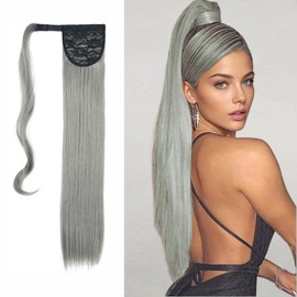 SIMIWALI Kinky Straight Clip In Hair Extensions Ponytail Hairpiece with Hairpins Thick Magic Paste Natural Long Fluffy Soft Wrap Around Yaki Synthetic Pony Tail Hair for Black Women Grey 22”