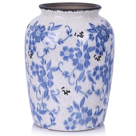 oliruim 7.9" H Blue and White Vase, Vintage Blue and White Ceramic Chinoiserie Vases, Unique Rustic Oval Blue Flower Vase for Bookshelf, Fireplace, Living Room, Home Dining Table Centerpiece