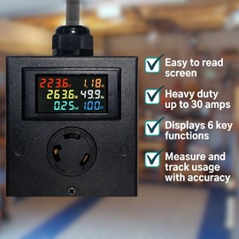 L6-30 30A AC Power Meter 120-240V Outlet, 5ft Cable & Plug Voltage Current LCD Display Digital Multimeter Watt Ammeter Voltmeter Monitor Heavy Duty Metal