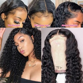 WENYAN Deep Wave Lace Front Wigs Human Hair Pre Plucked 28 Inch 13x4 Lace Frontal Closure Wigs for Black Women Human Hair 150% Densitys Glueless Brazilian Curly Lace Front Human Hair Wig with Baby Hair Natural Color