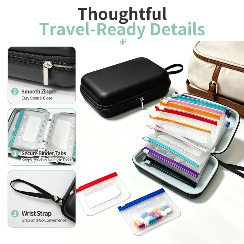 Travel Pill Organizer with 14 Reusable Pill Pouches,Black Hard Shell