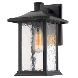 Beionxii Outdoor Wall Light Fixture, 1-Light Exterior Wall Lantern Porch Patio Lamp, Sand Textured Black Die-cast Aluminum with Water Glass(8"W x 13.5"H) - A272W-1PK