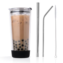  Premium 20oz Double-Wall Insulated Glass Tumbler –High Heat, Sweat-Proof Travel Cup for Water, Iced Coffee, Bubble Boba Tea, Smoothies, Protein Shake and Juices with Secure Lid and Boba Straw