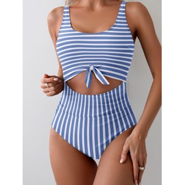 Eomenie Women's One Piece Swimsuit Tummy Control Slimming Bathing Suit Cutout Tie Knot Swimwear Blue Striped