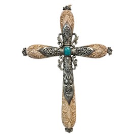 De Leon Collections 14227 Turquoise Tooled Flower Vintage Ornate Bone Color 11.8 Inch Polyresin Southwestern Decorative Home Décor Hanging Sculpture Wall Cross