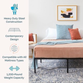 Linenspa Heavy Duty Metal Platform Bed Frame - No Box Spring Needed - Underbed Storage - Simple Toolless Assembly - 14” High - Sturdy - Steel Slats - Sleek Modern Design - Twin Size