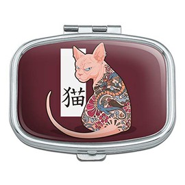 Grumpy Sphynx Cat Neko with Dragon Tattoo Rectangle Pill Case Trinket Gift Box