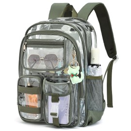 Lroiutian Clear Backpack for School Girls Boys Heavy Duty Transparent Backpack with Multiple Pockets, Lightweight PVC See Through Bookbag for Students-Army Green