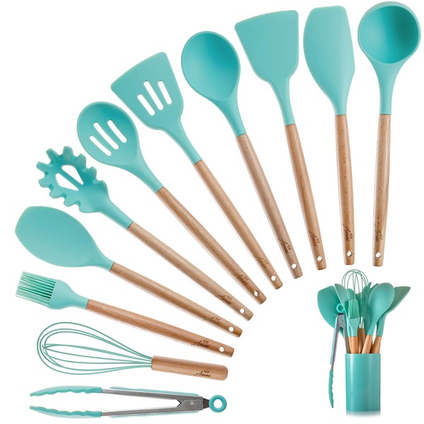 Silicone Kitchen Cooking Utensils Set with Wooden Bamboo Handles (11 Piece) | BONUS Cup | Durable Cookware Tools | BPA-Free, Non-Stick Safe, Non-Toxic | Include Tongs, Spatula, Turner, Ladle and More