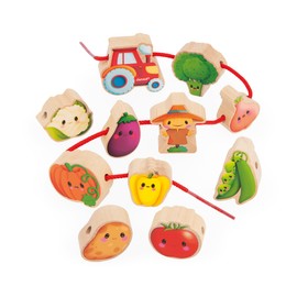 Janod - Threading Beads - Vegetable Garden Theme - Early-Learning Toy - 11 Wooden Beads + 2 Cords for Kids - Develops Dexterity - FSC Wood Toy - 24 Months +, J03313
