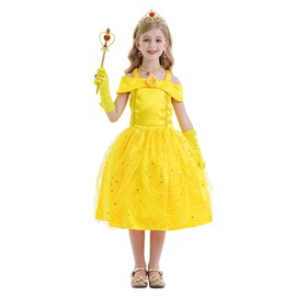 AmzBarley Princess Costumes Dress up for Girls Costume Fancy Dress Kids Cosplay Themed Party World Book Day Dressing up Clothes Yellow Age 5 6 Years 120
