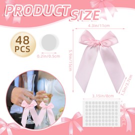 CroBlissful 48 Pcs Coquette Pink Bow Decor 4. 3 x 5. 9in Satin Ribbon Bow for Wine Glasses Champagne Drink Markers Tags with Dot DIY Crafts Gifts Wrapping Decorations for Wedding Party Supplies
