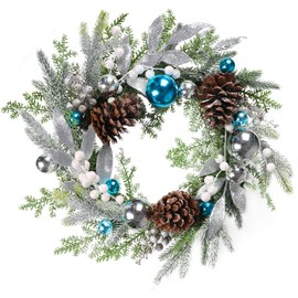 LASPERAL Artificial Christmas Door Wreath, 17" Blue Winter Wreath for Front Door Artificial Holiday Wreath Xmas Outdoor Wreath with Christmas Balls, Pine Core for Indoor Outdoor Decoration