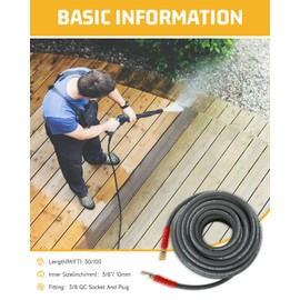 6000 PSI Lightweight Pressure Washer Extension Hose, Kink Resistant 100FT Pressure Washer Hose Replacement Hose 3/8 Inch, Steel Wire Braided Hose for Pressure Washer