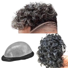 Toupee for Men Human Hairpiece Mens Toupee with PU Hair Units Curly Wave Mens Wigs Toupee Human Replacement System 10" x 8" (#1B20 1B# OFF BLACK WITH 20% WHITE)