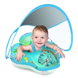 LAYCOL Baby Swimming Float Inflatable Baby Pool Float Ring with Sun Protection Canopy,add Tail no flip Over for Age of 3-36 Months (Dinosaur, S)