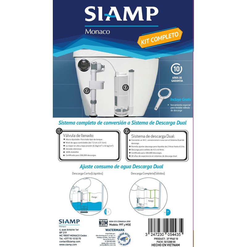 HERRAJE COMPLETO CON DESCARGA DUAL PARA SANITARIO (Dual Flush) MARCA