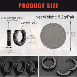 Lilbitty 1 Pair of Nordic Viking Hoop Earrings for Men, Amulet Protective Jewellery Made of Stainless Steel with Nordic Elder Rune Earrings Men, Hoop Earrings, Stud Earrings, Black