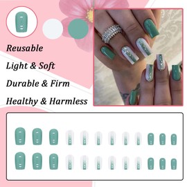Ceboic Pack of 24 Glue-On Nails, Short, Square, French Green Gradient Artificial Nails, Glossy Artificial Nails, Press on Nails, Acrylic Stick on Nails for Women and Girls