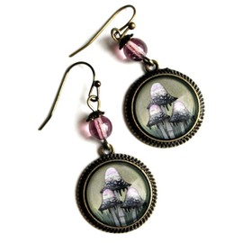 Inky Cap Mushroom Cottage Core Glass Cabochon Earrings with Black Glass Accent Bead
