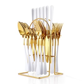 24 Pieces Silverware Set, Stainless Steel Flatware Set with Silverware Holder Spoons Forks Knives,Utensils Set Service for 6,Gold Mirror Polished and Matte Painted Cutlery Set (White)