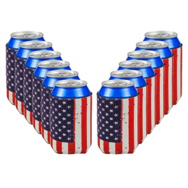 12 PCS Can Cooler Sleeves - American Flag Soda Beer Drink Coolies - Insulated Collapsible Cooler Holder to Glass or Bottle for American Independence Day, National Day (Vintage USA Flag)