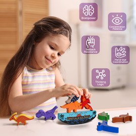 LiKee Wooden Stacking Dinosaur Toys for Kids 3-5 Montessori Toys for 3 4 5 6 7 8 Year Old Boys Girls Christmas Birthday Gifts for Kid Ages 4-8 Balance Competition Game for Family Stocking Stuffers
