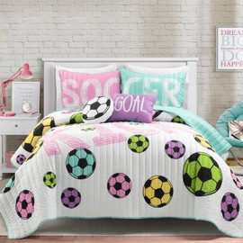 Lush Decor Girls Soccer Kick Reversible Oversized 5 Piece Quilt Set, Full/Queen, White & Turquoise