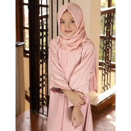 ABEWIP Girls Muslim Dress Chiffon Kaftan Maxi Dress Cardigan Robe Islamic Modest Hijab Dress for Girls with Pockets Prayer Abaya Dress Muslim Ramadan Prayer Clothes Kids Arabian Abaya Dress Pink 5-6y