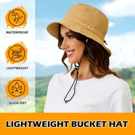 MIDNIGHTSUN Waterproof Bucket Hat Women Packable Outdoor Fishing Hat Lightweight Men UV Protection Summer Sun Hat （Khaki, One Size