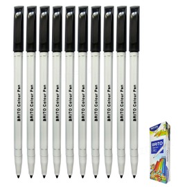 MERCURY Brito Felt Tip Colouring Pens, BLACK, Pack of 10, Fine Point, Ideal for Draw Colour Mark Sketch Write Draft, School Office Home Everyday Use