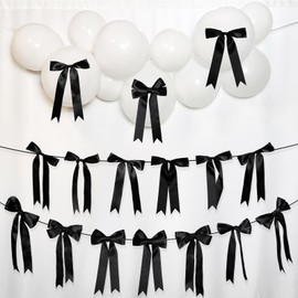 16 Pcs Black Bow Garland Ribbon Banner Bow Decorations for Holiday Birthday Engagement Wedding Baby Shower Bridal Shower Bachelorette Bedroom Mantel Dresser Photo Shoot Wall Decor Room Party Supplies