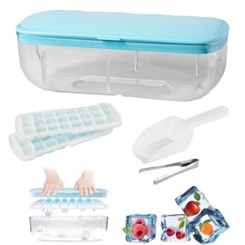 Norhogo Reusable Blue Two-Layer Set Ice Cube Trays for Freezer, Press Type Ice Cube Maker with Lid and Box Ice Cube Moulds Ice Cube Trays for Freezer, Comes with an ice Shovel and ice Cube Clip