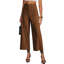 miduo Womens Pants Casual Button High Waisted Cropped Wide Leg Straight Pants Trousers with Pockets Brown 29