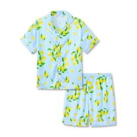 Beezizac Little & Big Girls Satin Silky Lemon Blue Button Pajama Short Sleeves Set Trendy Outfit Size 16