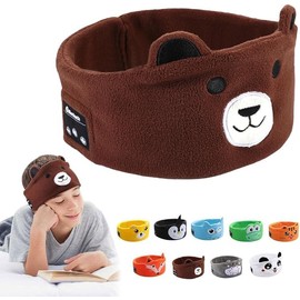 QingHong Kids Headphones Headband, Wireless Headband Headphones Kids, Headband Earphones for Children,Bandeau Toddler Headphones, with Thin Speakers & Super Soft Headband(Brown Bear)