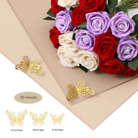 Waterproof Flower Bouquet Wrapping Paper with 3D Butterfly Two-Sided Gold Edge Floral Packaging Paper 20 sheets Wedding Mother's Day Deco 22.44 x 22.44 inch (Khaki -20pcs)