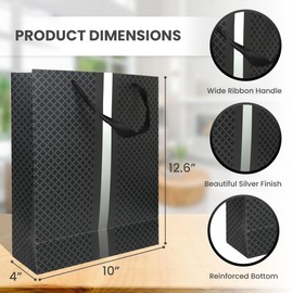 RACHELLE'S Elegant & Classy Paper Gift Bag Assortment with Tissue Paper – Premium Quality & Sturdy Large Bags Great for Birthdays, Christmas & More (Black Bag with Gold/Silver Stripe Design – 8 Pack)