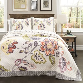 Lush Decor Aster Quilt Flower Pattern Reversible Coral and Navy 3 Piece Lightweight Bedding Set, Full/Queen