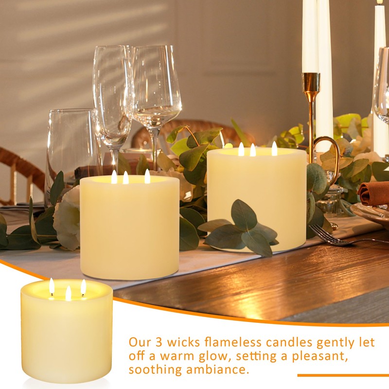 AFINETH Extra Large Flameless Candles with 3 Wicks, 6"x6" Real