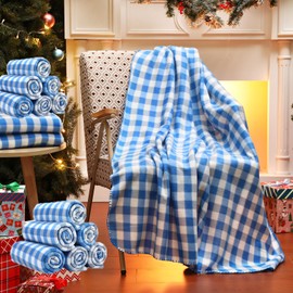 Moukeren 24 Pcs Buffalo Plaid Throw Blanket Bulk, 59 x 47 Inch Fleece Bed Throw Winter Warm Lightweight Blankets Soft Plush Plaid Blanket Bulk for Bed Couch Sofa Office or Homeless Gifts (Blue,White)