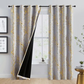 FMFUNCTEX 100% Blackout Curtains for Bedroom, Curtains 96 Inches Long Gold on Grey Tree Curtains for Living Room, Gold Foil Room Darkening Thermal Insulated Branch Curtain, 2 Panels Grommet Top